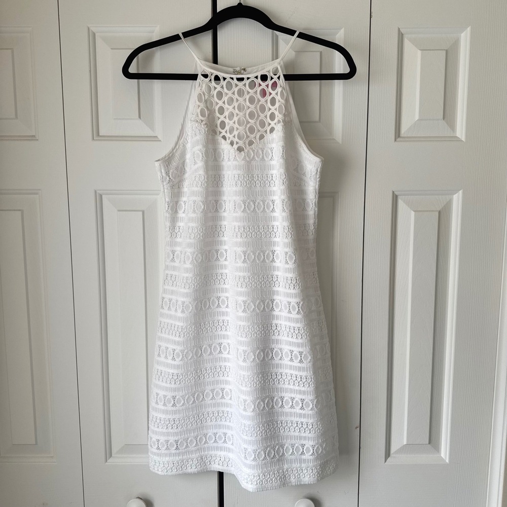 Lilly Pulitzer White Lace Halter Shift Dress Geometric Cutout‎ Yoke Small